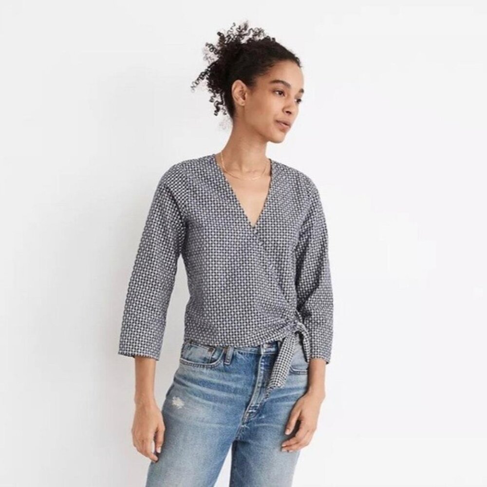 MADEWELL Blue White Check Wrap Tie V-Neck 3/4 Sleeve Top Shirt Size Small